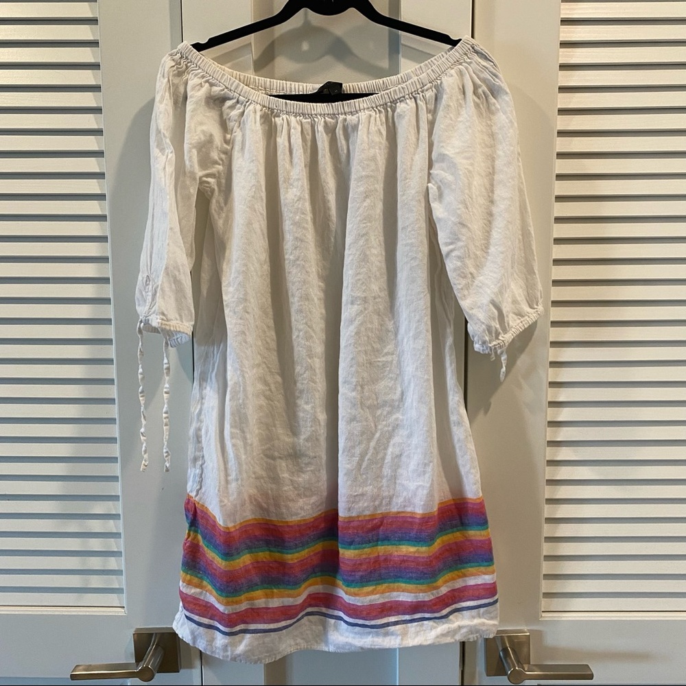 J. Crew White Off-Shoulder Mini Dress with Rainbow Stripes S M
